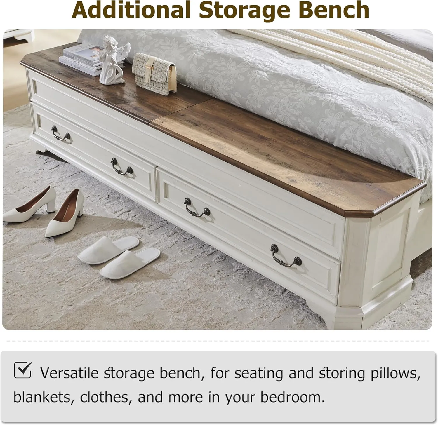 T4TREAM Farmhouse King Bed with Headboard and Storage Bench, Rustic Wood Platform Bed with 80" Storage Chest w/ 4 Large Storage Drawer (Antique White)
