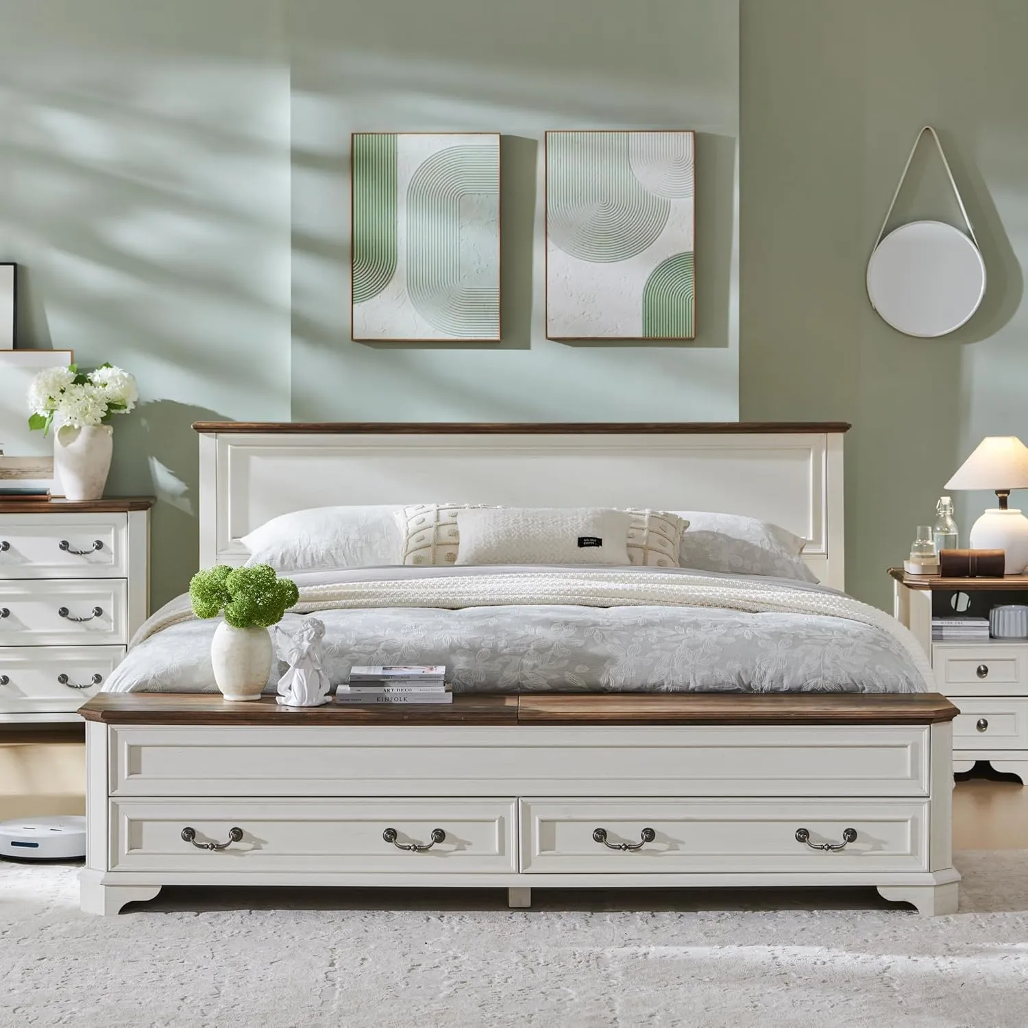 T4TREAM Farmhouse King Bed with Headboard and Storage Bench, Rustic Wood Platform Bed with 80" Storage Chest w/ 4 Large Storage Drawer (Antique White)