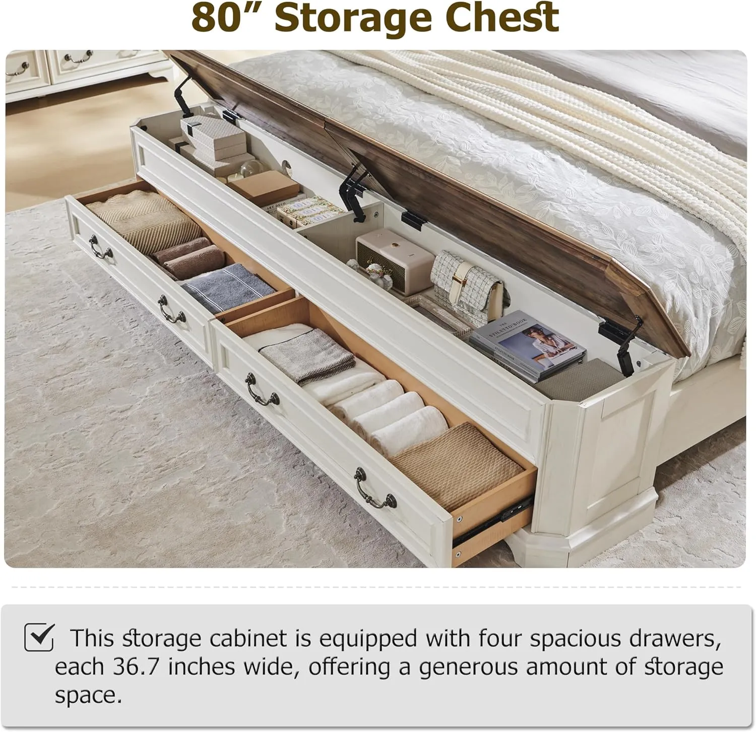 T4TREAM Farmhouse King Bed with Headboard and Storage Bench, Rustic Wood Platform Bed with 80" Storage Chest w/ 4 Large Storage Drawer (Antique White)