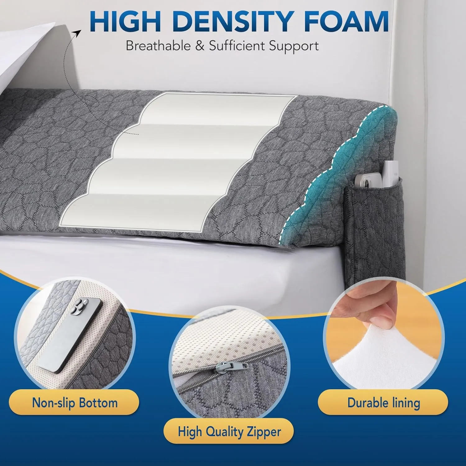 Teemour Full Size (54"x10"x6") Bed Wedge Pillow Headboard Pillow Mattress Wedge Triangle Pillow Long Bolster Pillow Bed Gap Filler (0-7") Mattress Gap Filler Between Your Headboard and Mattress