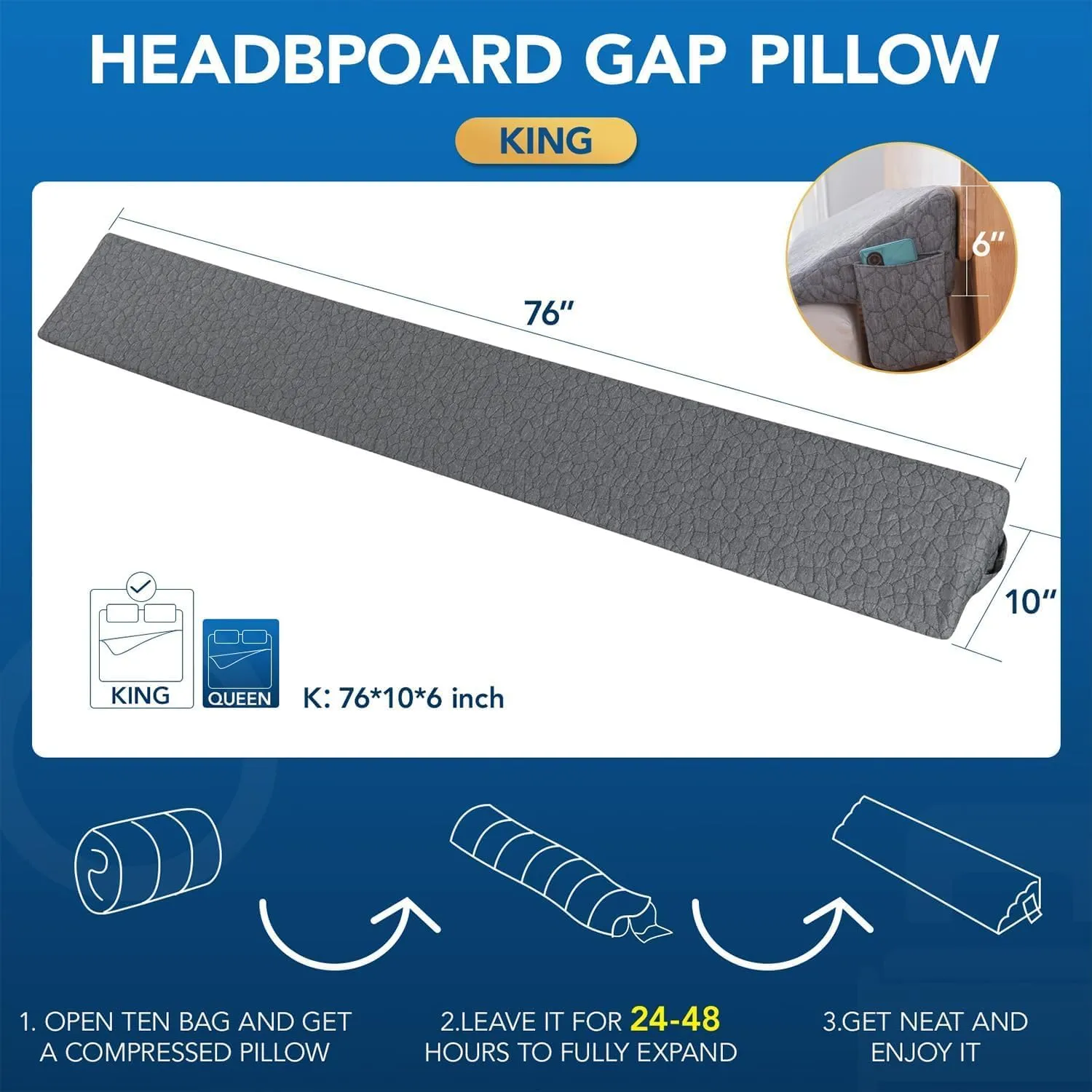 Teemour Full Size (54"x10"x6") Bed Wedge Pillow Headboard Pillow Mattress Wedge Triangle Pillow Long Bolster Pillow Bed Gap Filler (0-7") Mattress Gap Filler Between Your Headboard and Mattress