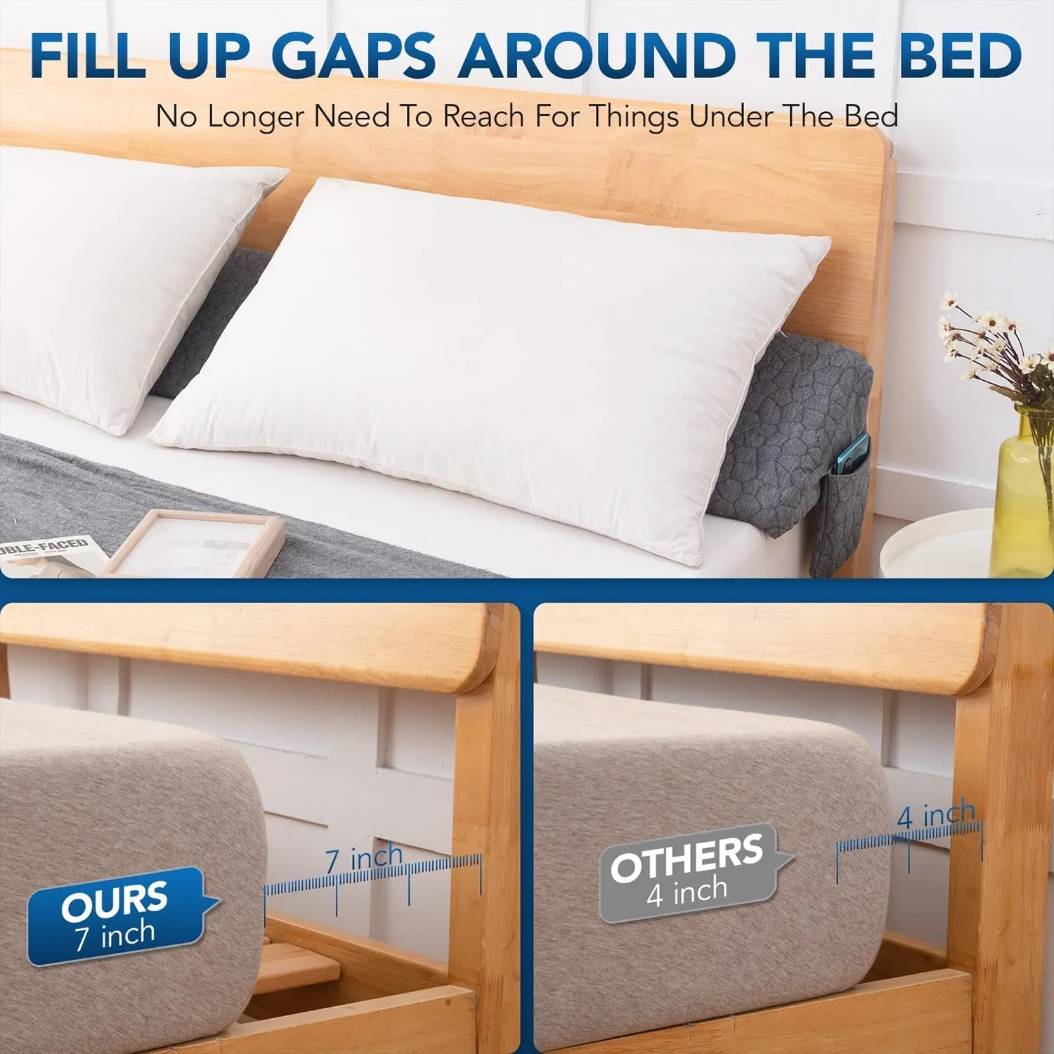 Teemour Full Size (54"x10"x6") Bed Wedge Pillow Headboard Pillow Mattress Wedge Triangle Pillow Long Bolster Pillow Bed Gap Filler (0-7") Mattress Gap Filler Between Your Headboard and Mattress