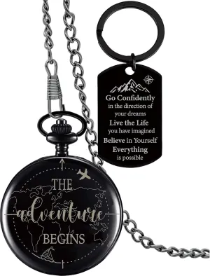 The Adventure Begins Compass Pocket Black with Keychain, College High School Boot Camp Graduation Gifts, Graduation Compass Gifts for Him Men Friends, Inspirational Keepsake Gifts Ideas for Grads