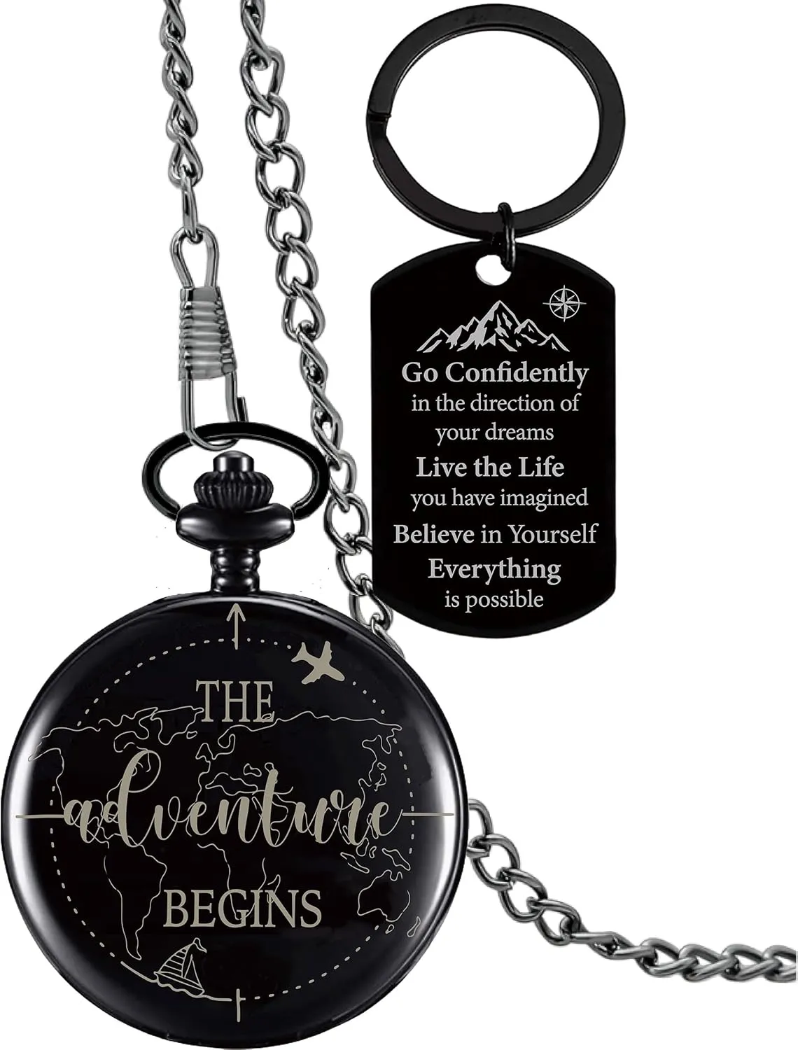 The Adventure Begins Compass Pocket Black with Keychain, College High School Boot Camp Graduation Gifts, Graduation Compass Gifts for Him Men Friends, Inspirational Keepsake Gifts Ideas for Grads