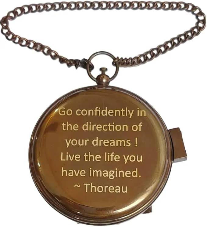 Thoreau's Go Confidently Engraved Solid Brass Nautical Pocket Compass with Leather Case, Brass Compass to Son, Gifts for Men with Famous Poet Quotes, Graduation Day, Birthday, Easter Gift