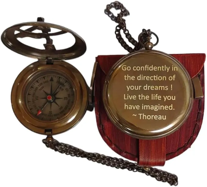 Thoreau's Go Confidently Engraved Solid Brass Nautical Pocket Compass with Leather Case, Brass Compass to Son, Gifts for Men with Famous Poet Quotes, Graduation Day, Birthday, Easter Gift
