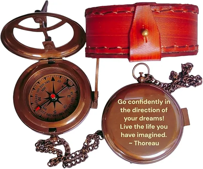 Thoreau's Go Confidently Engraved Solid Brass Nautical Pocket Compass with Leather Case, Brass Compass to Son, Gifts for Men with Famous Poet Quotes, Graduation Day, Birthday, Easter Gift
