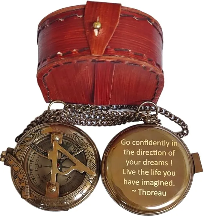 Thoreau's Go Confidently Engraved Solid Brass Nautical Pocket Compass with Leather Case, Brass Compass to Son, Gifts for Men with Famous Poet Quotes, Graduation Day, Birthday, Easter Gift
