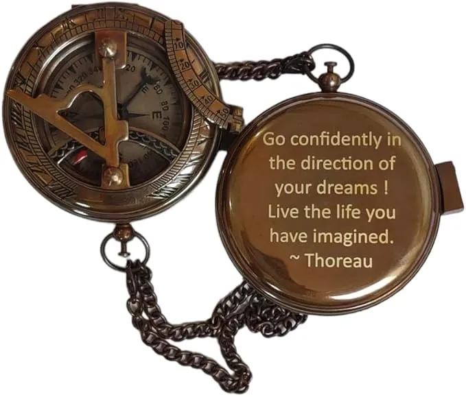 Thoreau's Go Confidently Engraved Solid Brass Nautical Pocket Compass with Leather Case, Brass Compass to Son, Gifts for Men with Famous Poet Quotes, Graduation Day, Birthday, Easter Gift