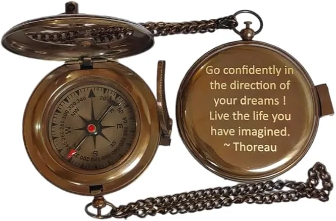 Thoreau's Go Confidently Engraved Solid Brass Nautical Pocket Compass with Leather Case, Brass Compass to Son, Gifts for Men with Famous Poet Quotes, Graduation Day, Birthday, Easter Gift
