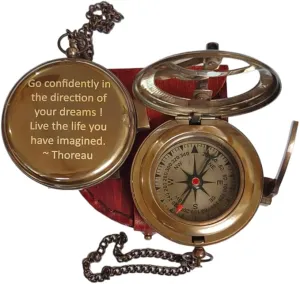 Thoreau's Go Confidently Engraved Solid Brass Nautical Pocket Compass with Leather Case, Brass Compass to Son, Gifts for Men with Famous Poet Quotes, Graduation Day, Birthday, Easter Gift