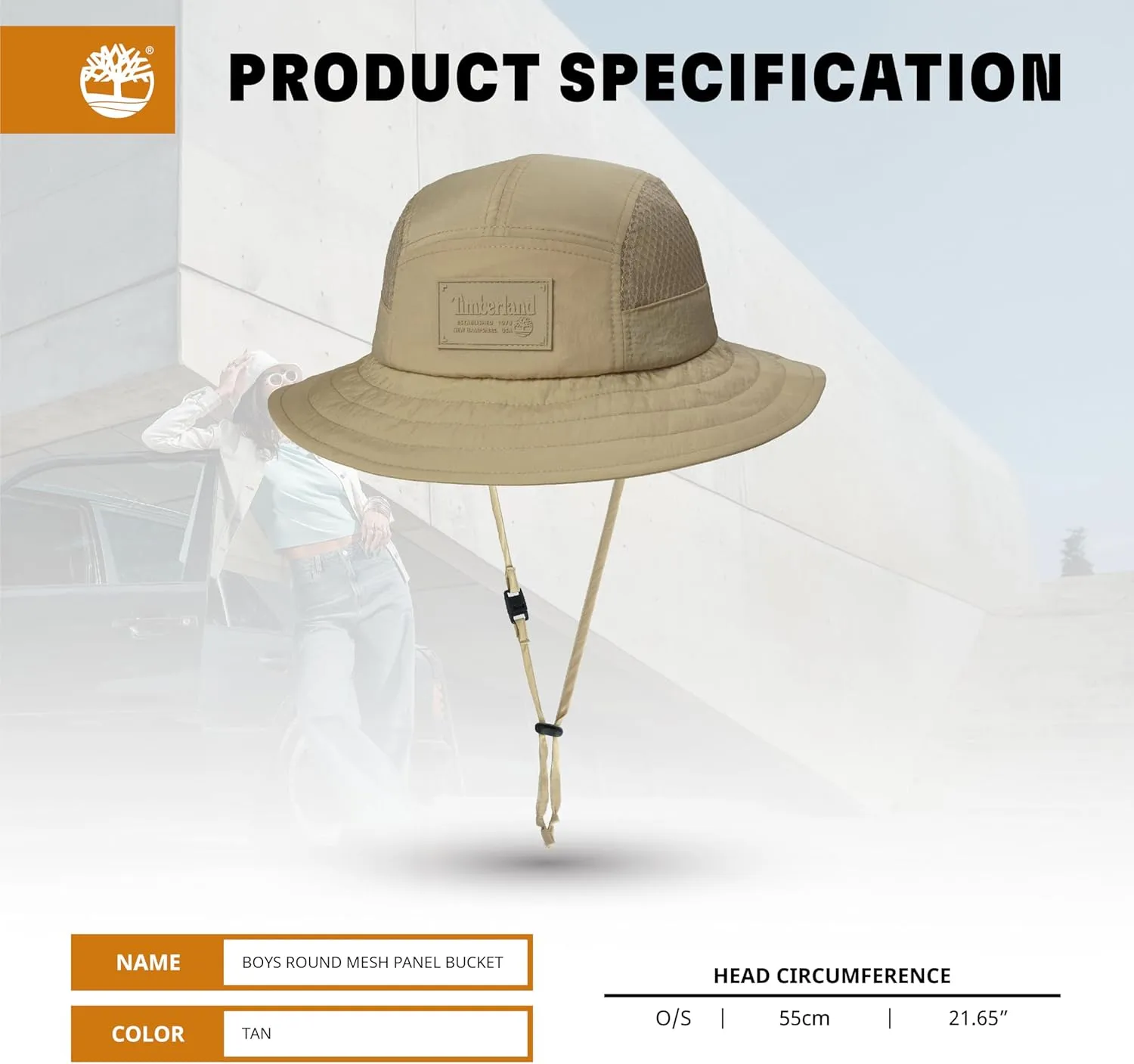 Timberland Mesh Panel Kids Boys Bucket Hat, One Size, Adjustable Chin Cord, Wide Brim Sun Hat for Outdoor Adventures