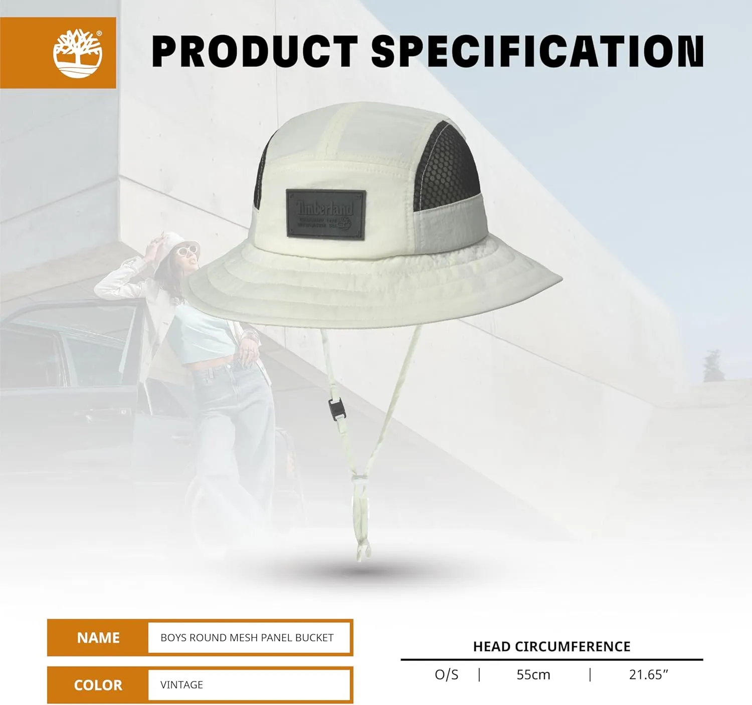 Timberland Mesh Panel Kids Boys Bucket Hat, One Size, Adjustable Chin Cord, Wide Brim Sun Hat for Outdoor Adventures