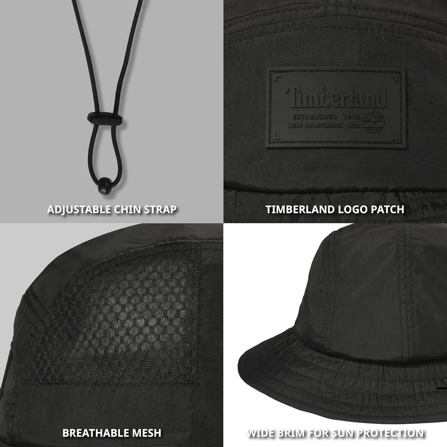 Timberland Mesh Panel Men's Bucket Hat, Wide Brim Sun Hat with Adjustable Chin Cord, Perfect for Outdoor Adventures