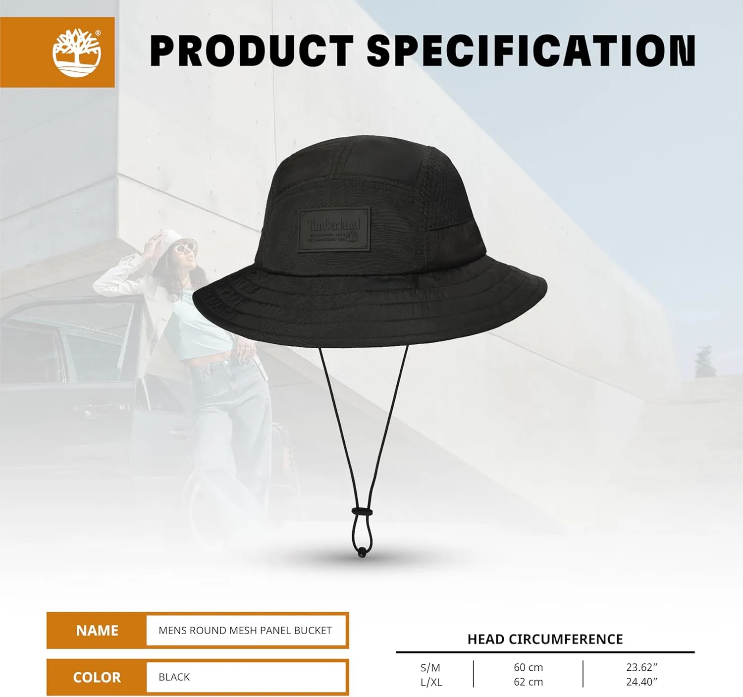Timberland Mesh Panel Men's Bucket Hat, Wide Brim Sun Hat with Adjustable Chin Cord, Perfect for Outdoor Adventures