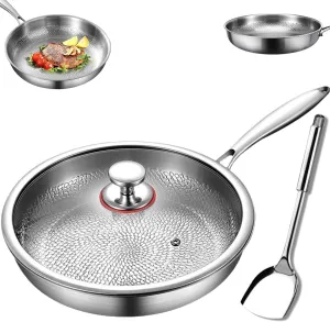 Titanium Hammered Pan Pro, 100% Non-stick Titanium Pans for Cooking with Lid, New Upgraded Durable and Lightweight Stainless Steel Pot Cookware, Compatible with All Cooktops, Pure Titaniums Pans(24cm/
