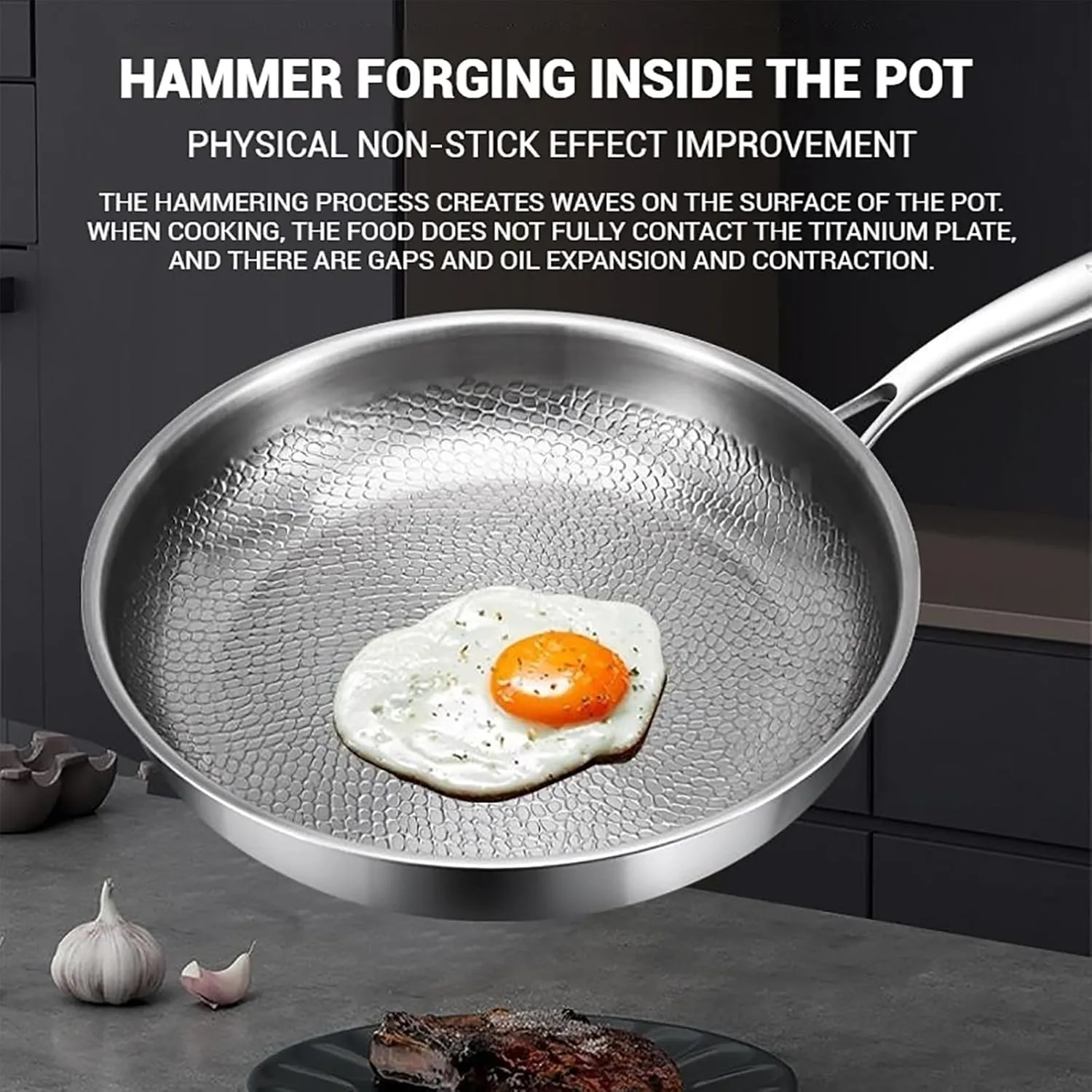 Titanium Hammered Pan Pro, 100% Non-stick Titanium Pans for Cooking with Lid, New Upgraded Durable and Lightweight Stainless Steel Pot Cookware, Compatible with All Cooktops, Pure Titaniums Pans(24cm/