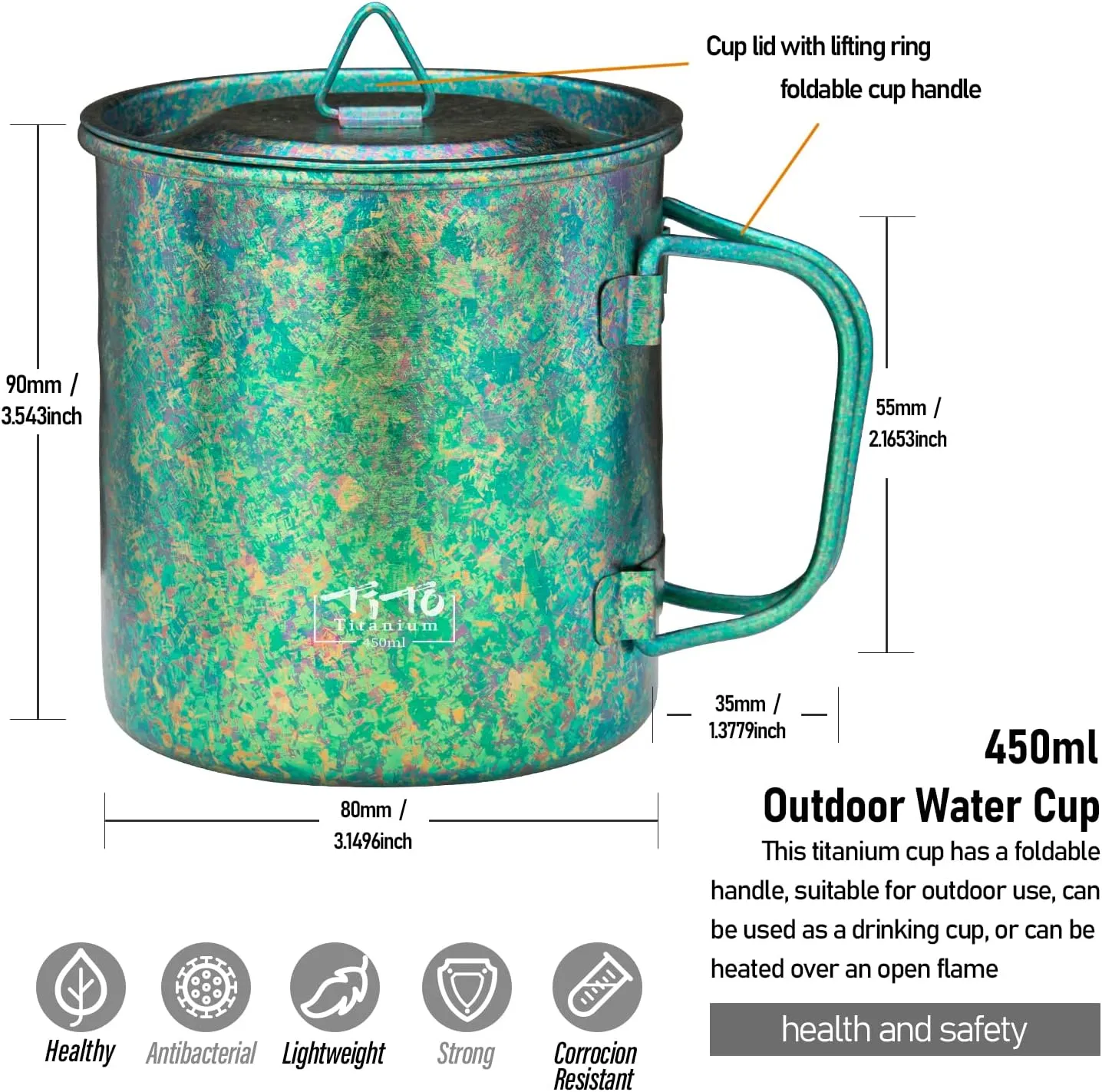 TiTo Titanium Cup Titanium Pot with Lid Ultralight Portable 450ml Foldable Handle Camping Tea Coffee Water Mug for Outdoor Backpacking Hiking Picnic Drinkware with Mesh Sack (Green)