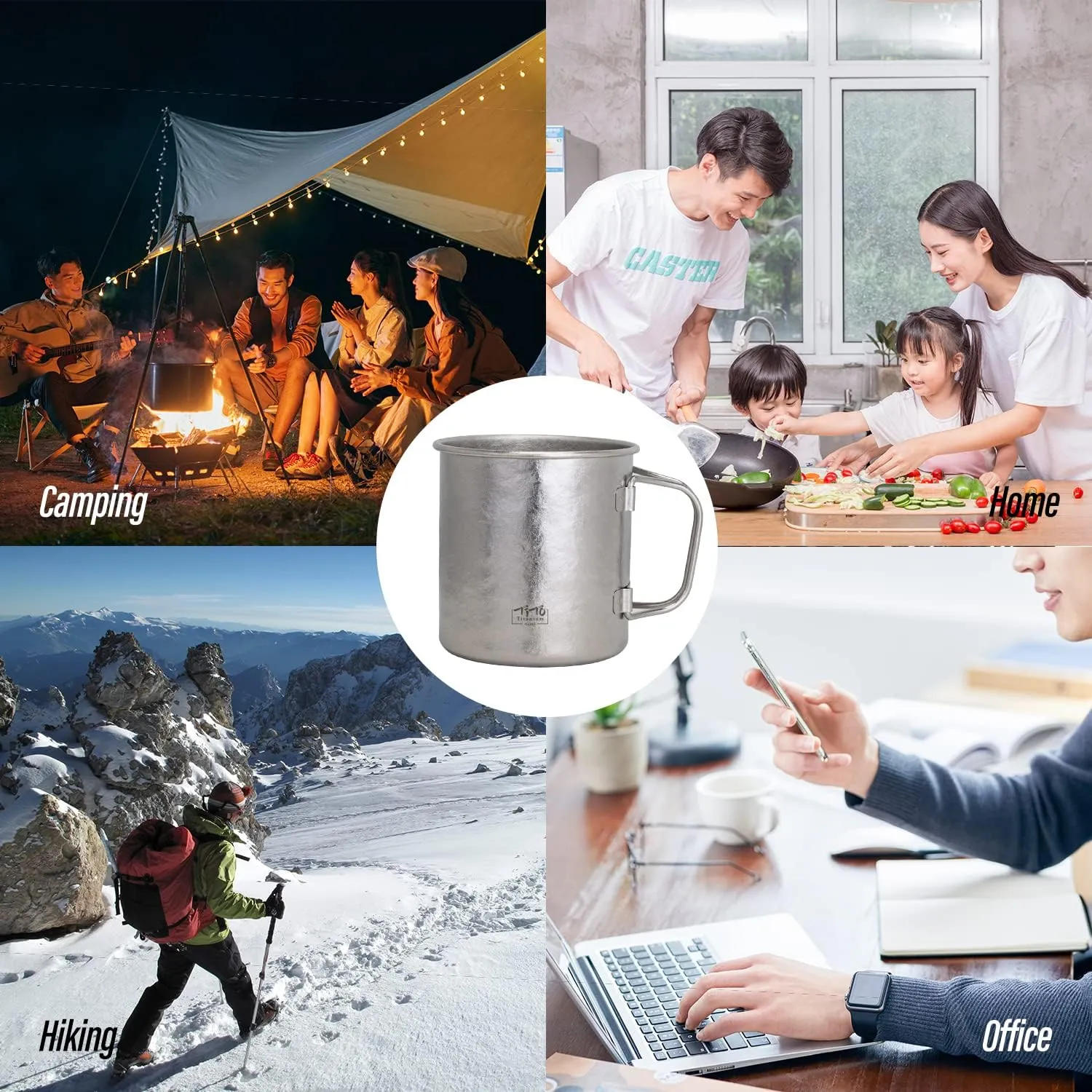 TiTo Titanium Cup Titanium Pot with Lid Ultralight Portable 450ml Foldable Handle Camping Tea Coffee Water Mug for Outdoor Backpacking Hiking Picnic Drinkware with Mesh Sack (Green)
