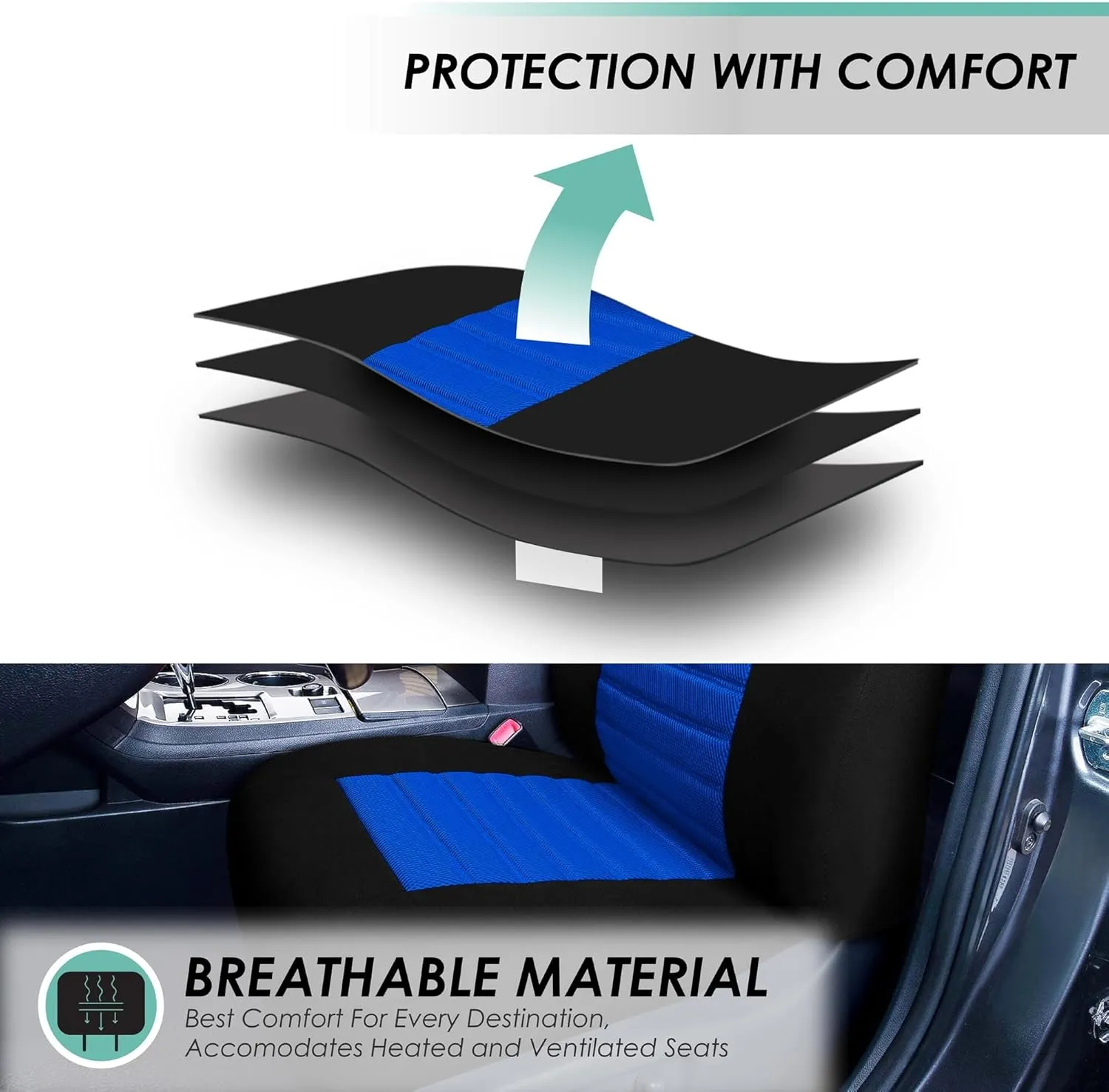 TLH 3D Air Mesh Fabric Automotive Car Seat Covers Front Seats Only, Blue Car Seat Covers Airbag Compatible Interior Accessories Covers Universal Fit Car Seat Covers for Cars, Auto, Trucks, SUV