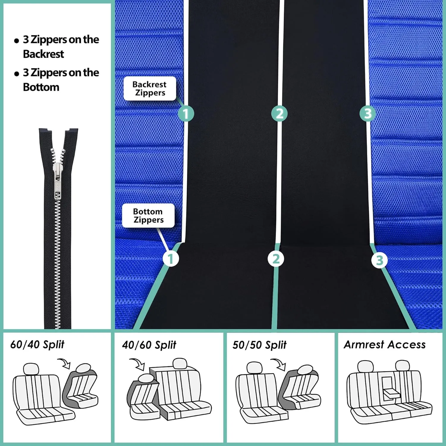 TLH 3D Air Mesh Fabric Automotive Car Seat Covers Front Seats Only, Blue Car Seat Covers Airbag Compatible Interior Accessories Covers Universal Fit Car Seat Covers for Cars, Auto, Trucks, SUV