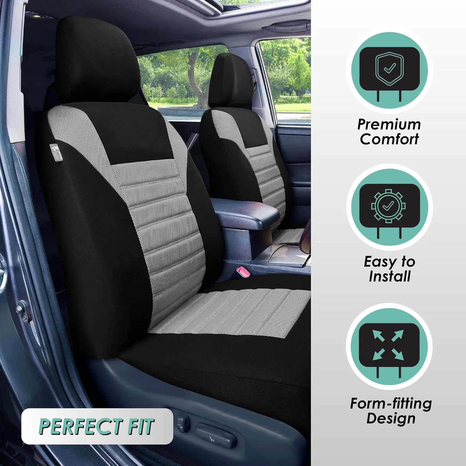 TLH 3D Air Mesh Fabric Automotive Car Seat Covers Front Seats Only, Gray Car Seat Covers Airbag Compatible Interior Accessories Covers Universal Fit Car Seat Covers for Cars, Auto, Trucks, SUV