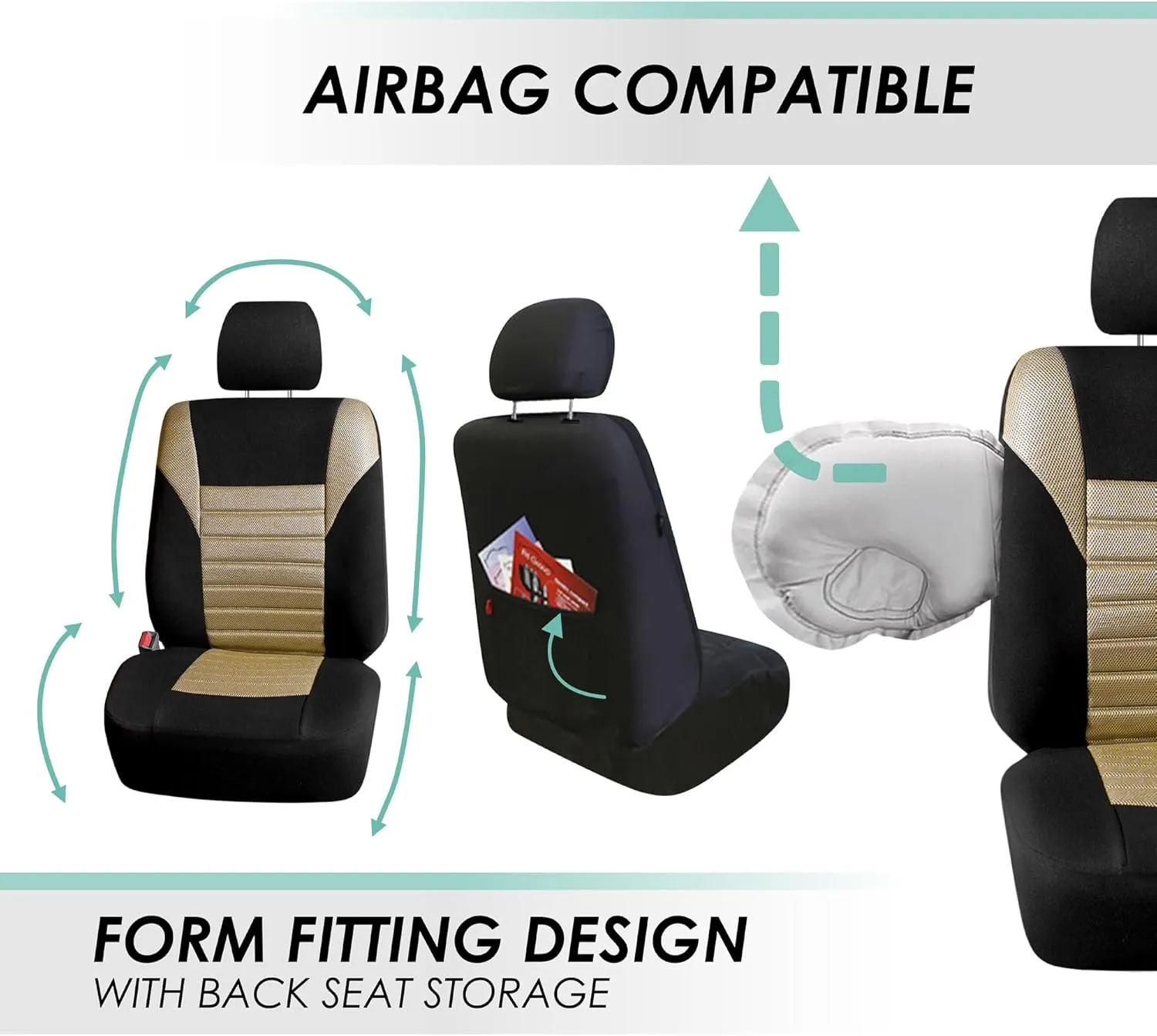 TLH Beige 3D Air Mesh Cloth Universal Fit Car Seat Covers for Cars, Trucks, SUVs - Front Seats Only, Airbag Compatible, Machine Washable, Low-Back Design, Comfortable & Durable
