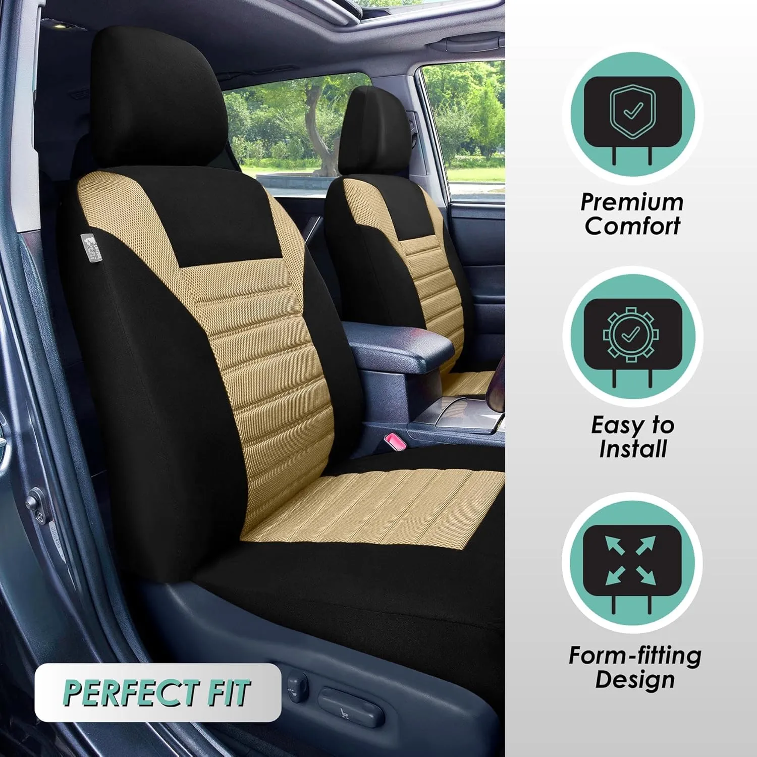 TLH Beige 3D Air Mesh Cloth Universal Fit Car Seat Covers for Cars, Trucks, SUVs - Front Seats Only, Airbag Compatible, Machine Washable, Low-Back Design, Comfortable & Durable