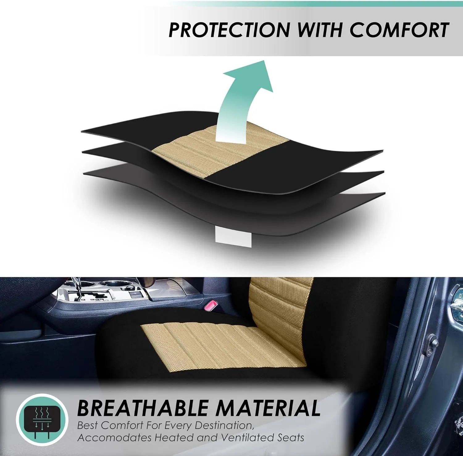 TLH Beige 3D Air Mesh Cloth Universal Fit Car Seat Covers for Cars, Trucks, SUVs - Front Seats Only, Airbag Compatible, Machine Washable, Low-Back Design, Comfortable & Durable