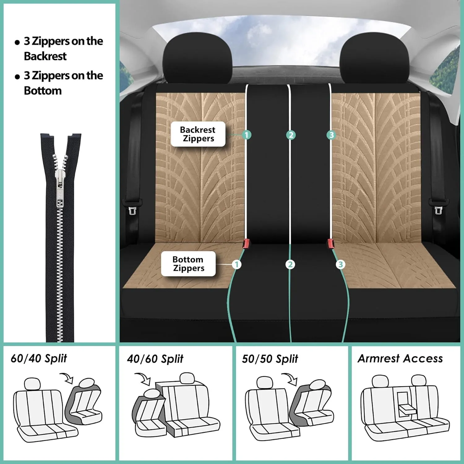 TLH Car Seat Covers Travel Master Automotive Car Seat Covers Full Set Beige Seat Covers Airbag Compatible and Split Rear Car Seat Cover Universal Fit Interior Accessories for Cars Trucks and SUV