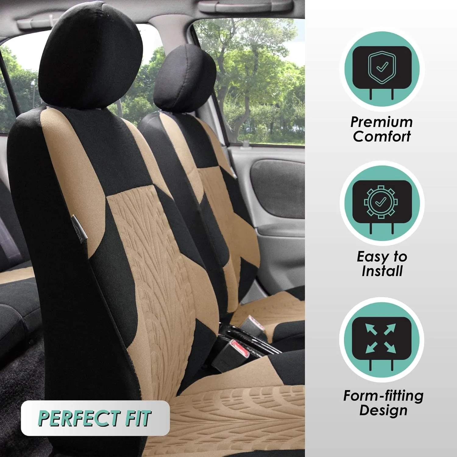 TLH Car Seat Covers Travel Master Automotive Car Seat Covers Full Set Beige Seat Covers Airbag Compatible and Split Rear Car Seat Cover Universal Fit Interior Accessories for Cars Trucks and SUV