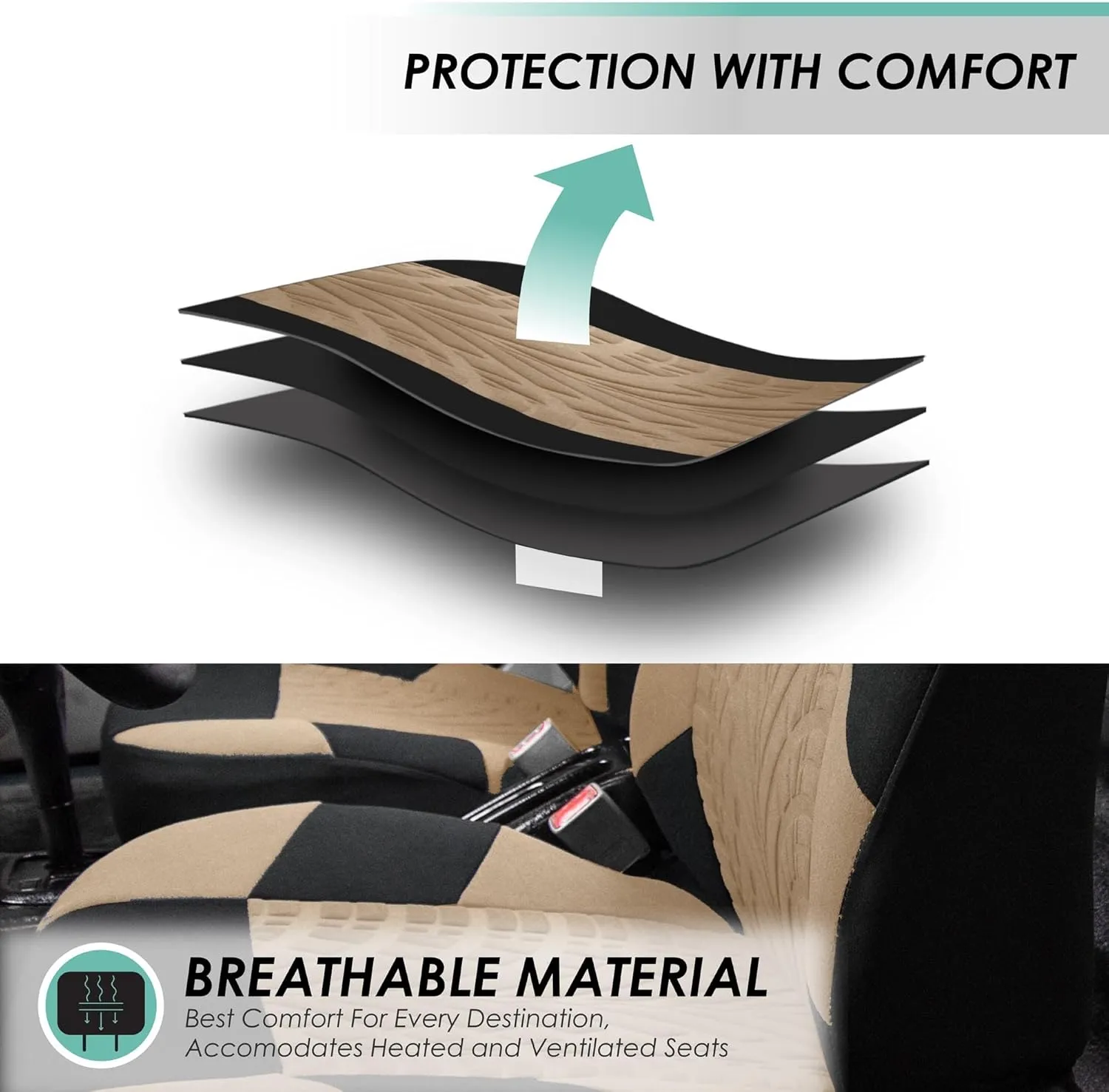 TLH Car Seat Covers Travel Master Automotive Car Seat Covers Full Set Beige Seat Covers Airbag Compatible and Split Rear Car Seat Cover Universal Fit Interior Accessories for Cars Trucks and SUV