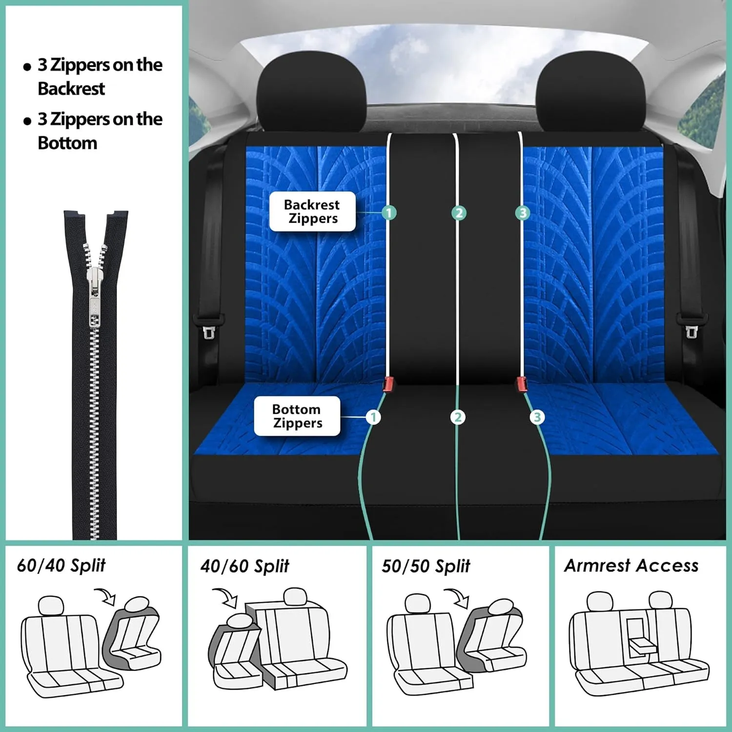 TLH Car Seat Covers Travel Master Automotive Car Seat Covers Full Set Blue Seat Covers Airbag Compatible and Split Rear Car Seat Cover Universal Fit Interior Accessories for Cars Trucks and SUV