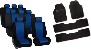 TLH Edgy Piping Style Blue Car Seat Covers 3 Row 8 Seater Automotive Seat Cover, Airbag Compatible Split Bench Car Seat Covers with Interior Accessories 3 Row Car Carpet Floor Mats