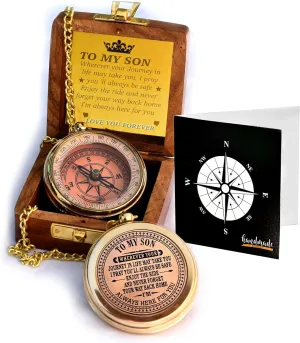 to My Son Compass with Wooden Box-Mom to Son Compass–Father to Son Gifts- to My Grandson -Graduation Day Gifts for Son-Birthday, Baptism, Graduation, Confirmation, Communion Compass for Women Men
