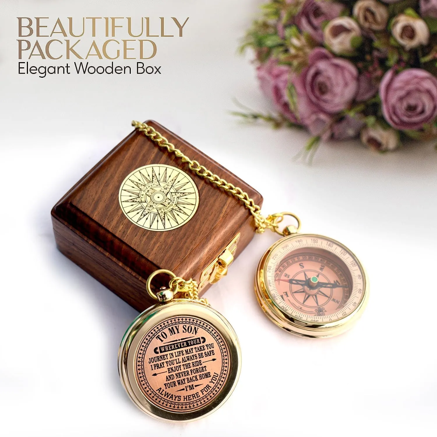 to My Son Compass with Wooden Box-Mom to Son Compass–Father to Son Gifts- to My Grandson -Graduation Day Gifts for Son-Birthday, Baptism, Graduation, Confirmation, Communion Compass for Women Men