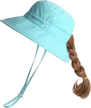 Toddler Girls Mom Reversible Bucket Hats Wide Brim UPF 50  Sun Hats Floopy Hat with Ponytail Hole (Blue, Kids (21.26"-22.05"))