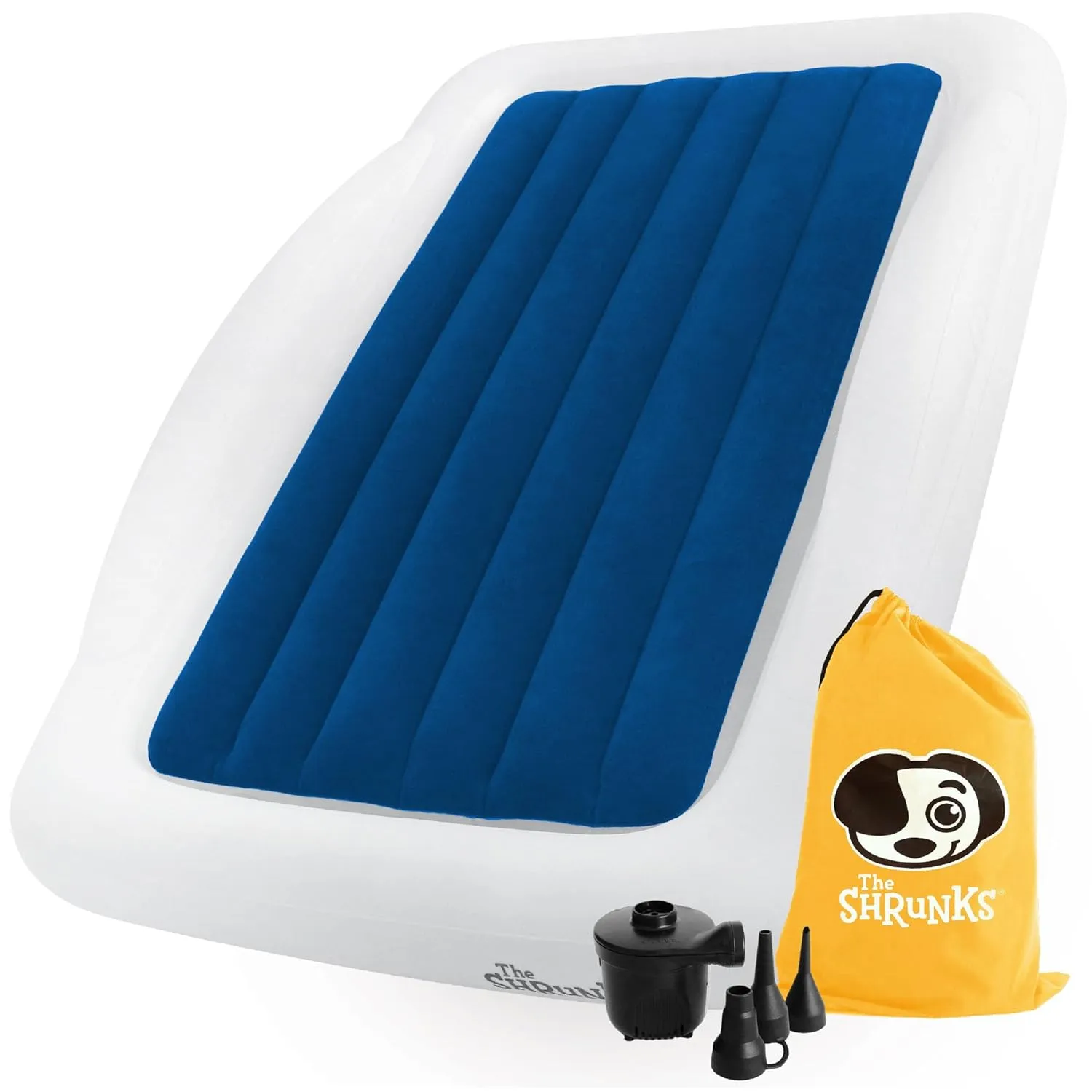 Toddler Travel Bed Portable Inflatable Air Mattress Blow Up Bed for Indoor/Outdoor Camping, Backyard, Hotel, or Home Use Kids/Toddler Floor Bed with Side Bed Rails and Electric Pump Blue