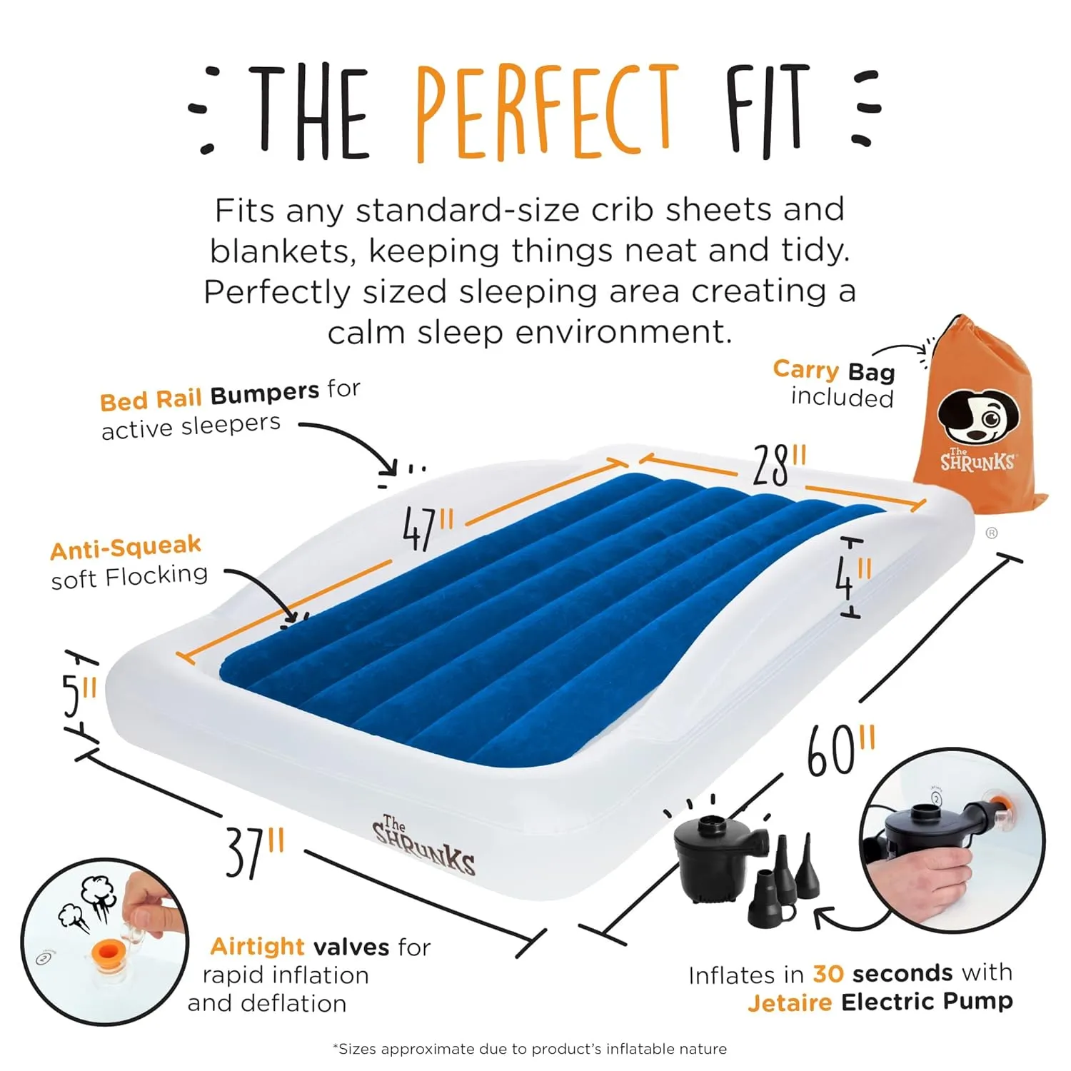 Toddler Travel Bed Portable Inflatable Air Mattress Blow Up Bed for Indoor/Outdoor Camping, Backyard, Hotel, or Home Use Kids/Toddler Floor Bed with Side Bed Rails and Electric Pump Blue