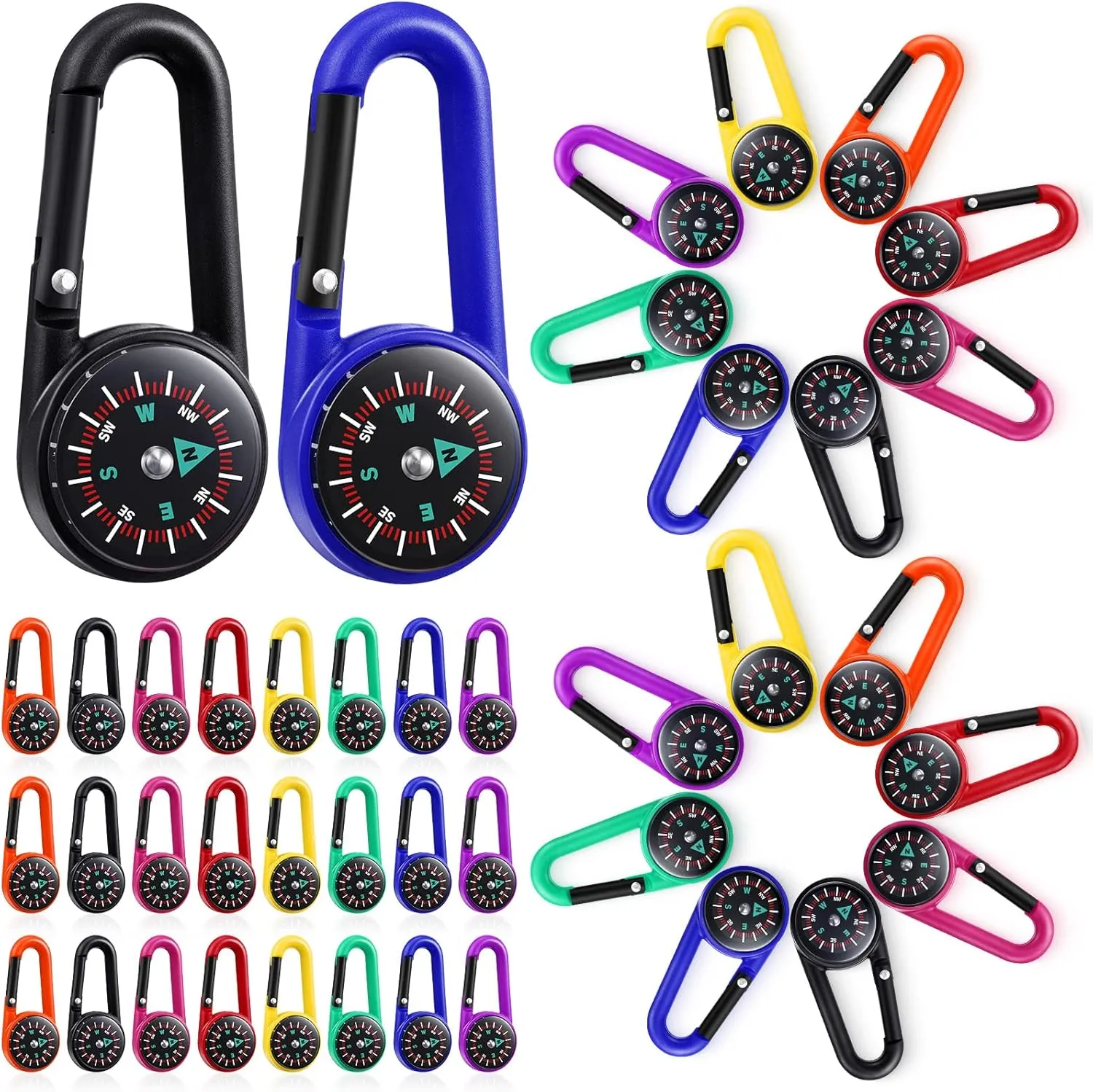 TOODOO 32 Pcs Compass Keychain for Kids Adventure Camping Small Keychain Belt Clips With Holes Compass Metal Buckle Keychain Outdoor Camping Party Favors