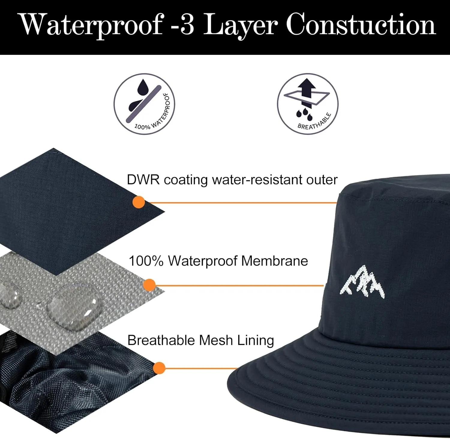 TOP-EX L/XL/XXL UV50  Waterproof Bucket Sun Hat for Fishing Golf Hiking All-Weather Outdoor Rain Hat Stiff Brim