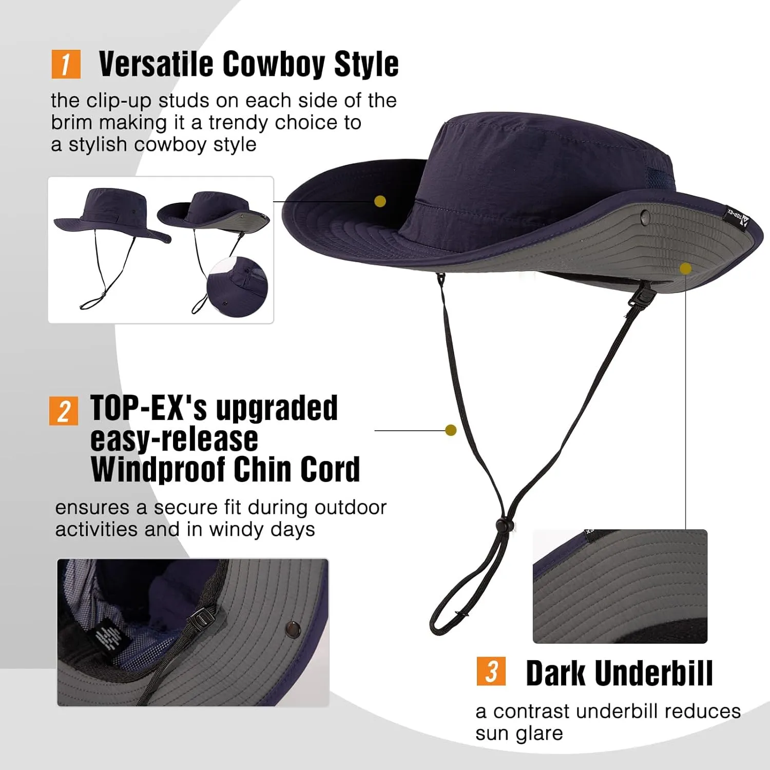 TOP-EX L/XL/XXL UV50  Waterproof Wide Brim Bucket Sun Hat for Summer Fishing Hiking w/Detachable Strap & Vented Mesh
