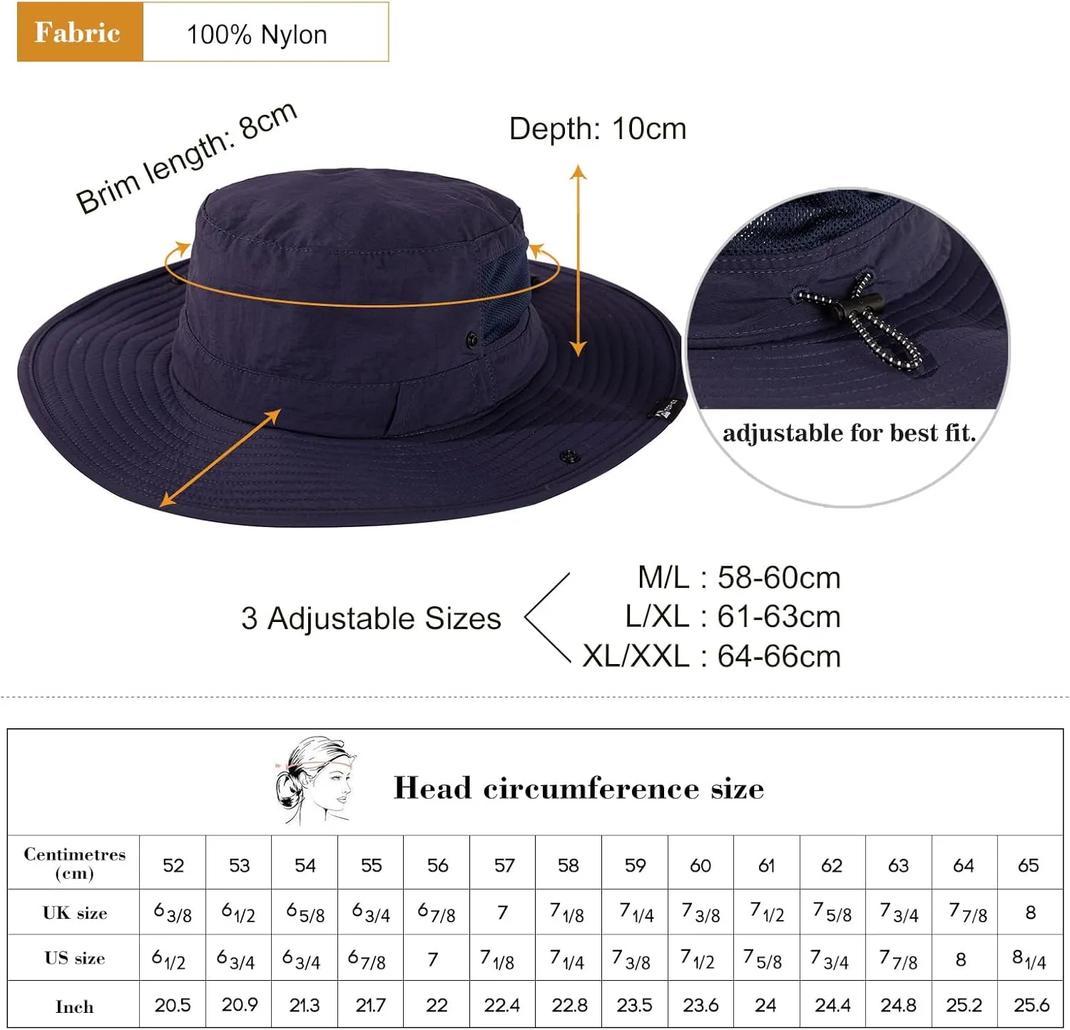 TOP-EX L/XL/XXL UV50  Waterproof Wide Brim Bucket Sun Hat for Summer Fishing Hiking w/Detachable Strap & Vented Mesh