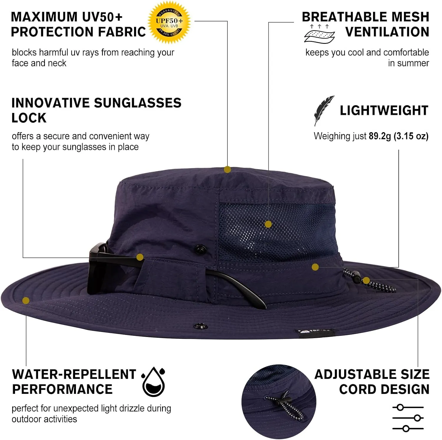 TOP-EX L/XL/XXL UV50  Waterproof Wide Brim Bucket Sun Hat for Summer Fishing Hiking w/Detachable Strap & Vented Mesh