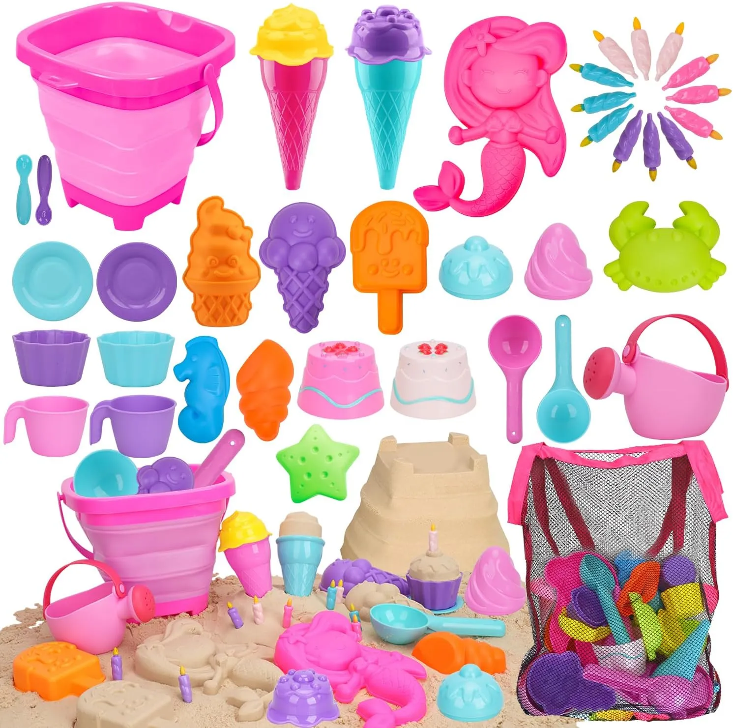 TOY Life 41 Pcs Beach Toys for Kids Ages 4-8 Collapsible Sand Toys Toddlers with Silicone Bucket Shovels & Sand Castle Building Kit Molds, Sandbox Toy Travel, Beach Party, Fishing, Summer Activities