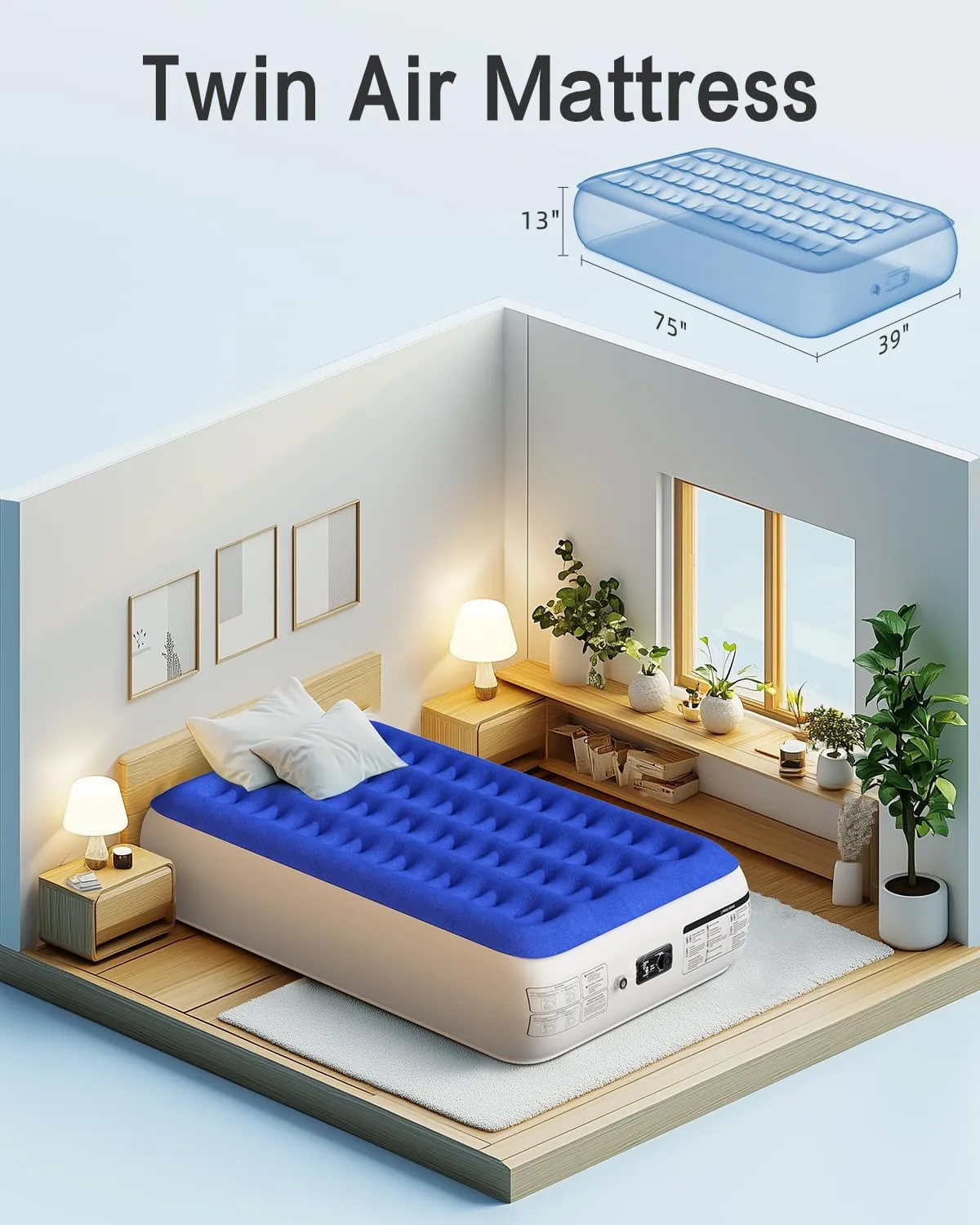 Twin Air Mattress with Built in Pump Luxurious Comfort Raised Inflatable Mattress Twin Airbed Blow Up Mattress for Home and Guests 75"*39"*13" Air Bed 2 Minutes Fast Inflate/Deflate 330 lbs Max