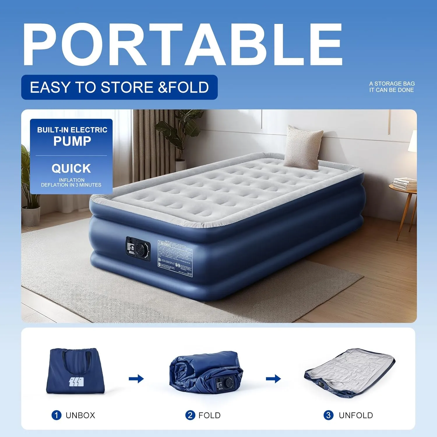 Twin Air Mattress with Built in Pump,18" Raised Blow up Air Bed,3 Mins Quick Self-Inflation/Deflation,550lbs Max, Strong Support,Foldable Inflatable Mattress for Camping/Home/Guests/Travel