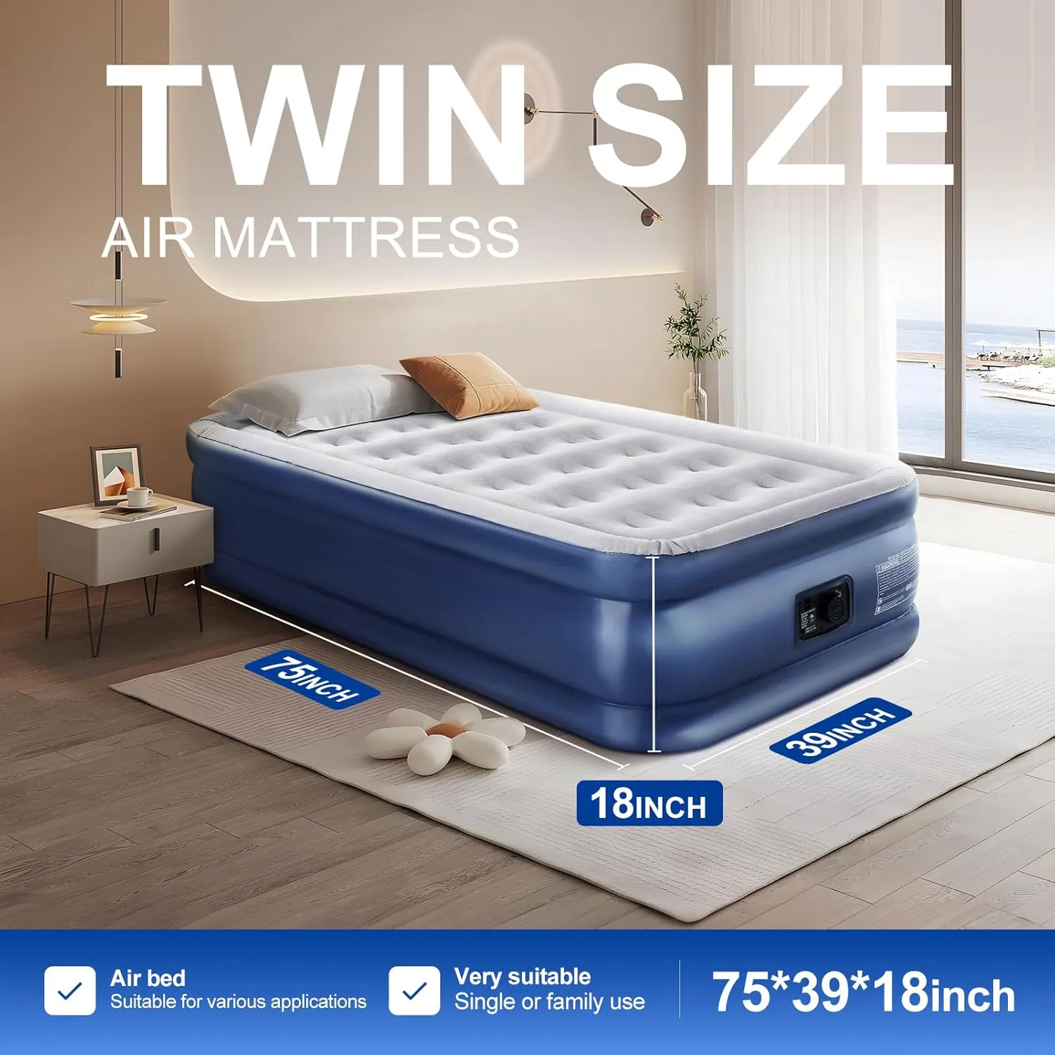 Twin Air Mattress with Built in Pump,18" Raised Blow up Air Bed,3 Mins Quick Self-Inflation/Deflation,550lbs Max, Strong Support,Foldable Inflatable Mattress for Camping/Home/Guests/Travel