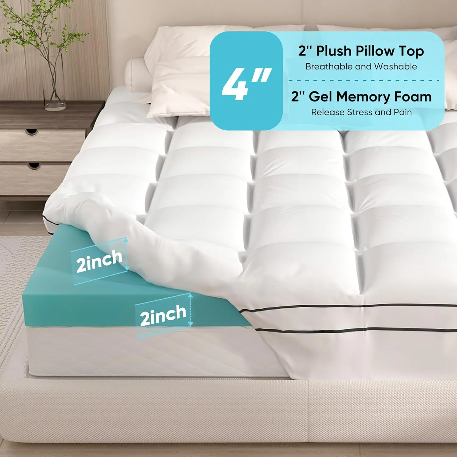 Twin XL Mattress Topper, 39x80 inch, Pillow Top, Washable, White