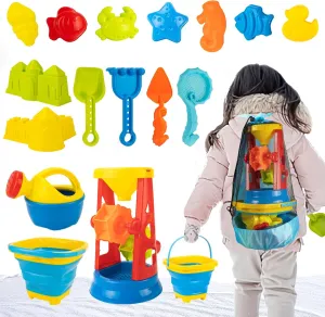 UNIH Collapsible Snow Beach Toys for Kids,Sandbox Toys with Beach Buckets,Mesh Bags,Sand Molds,Sand and Water Wheel Tower,Beach Snow Toys for Toddlers Kids Ages 3-10 with Festival Souvenir